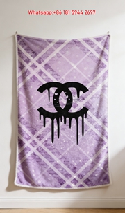Chanel Luxury Flannel Sofa Throw - Purple Plaid Dripping CC Logo & Heart Print Wall Decor Blanket IMG_7293